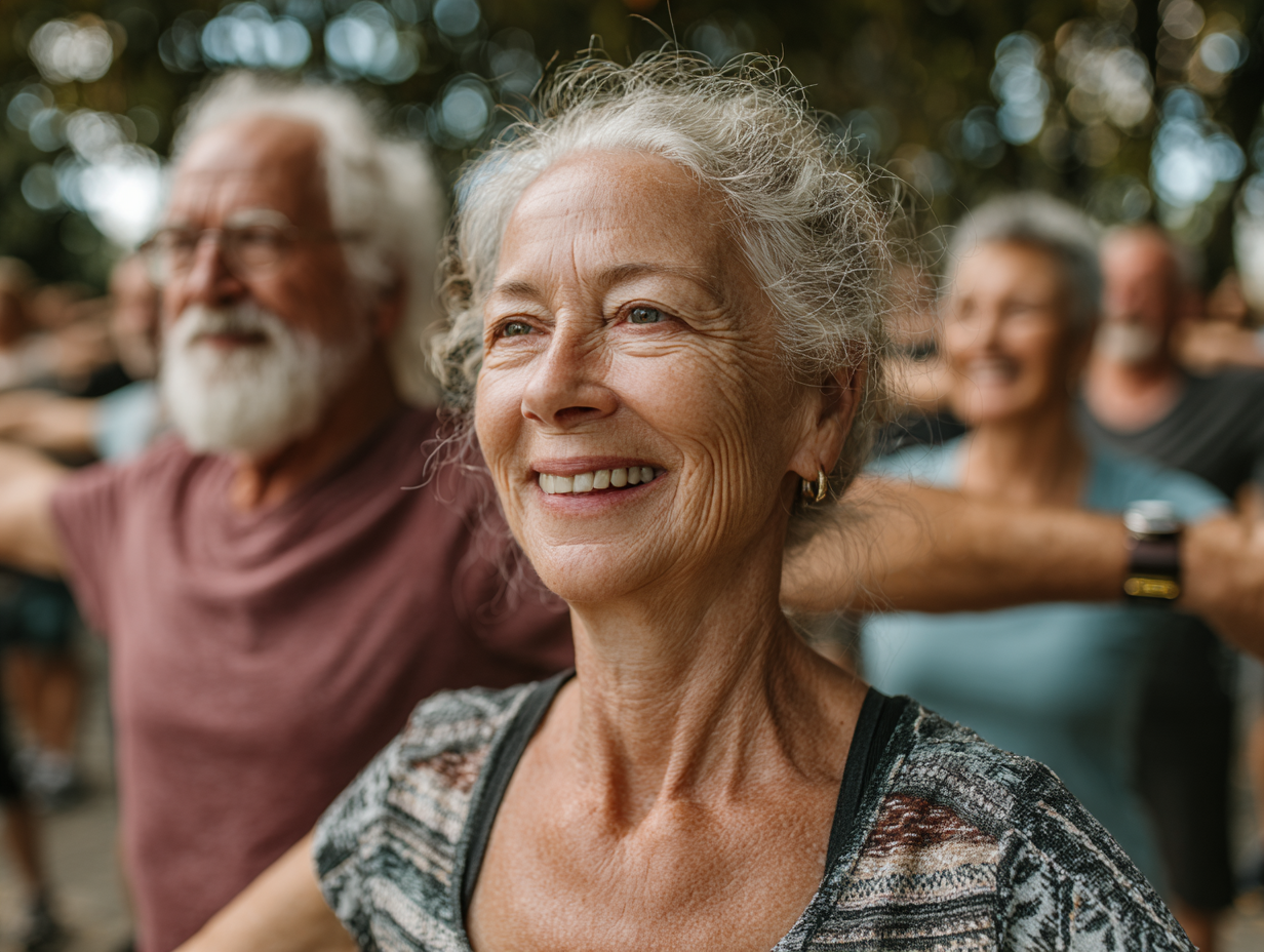 Grup de persoane în vârstă făcând exerciții în aer liber