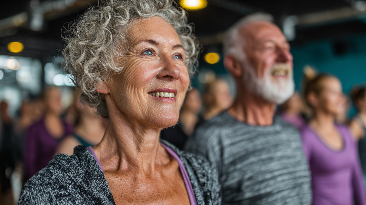 Persoane în vârstă practică exerciții de echilibru și forță
